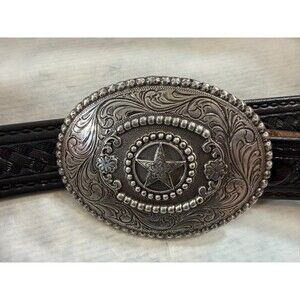 Signed Nocona Texas Star Leather Belt Made in USA Basketweave-Tooled Oval Trophy
